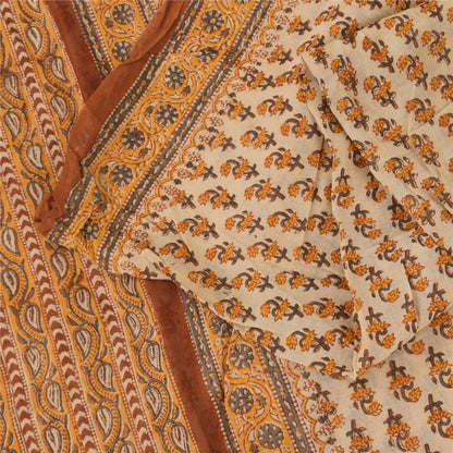 Sanskriti Vintage Sarees Pure Cotton Cream Hand Block Printed Sari 5+yd Fabric