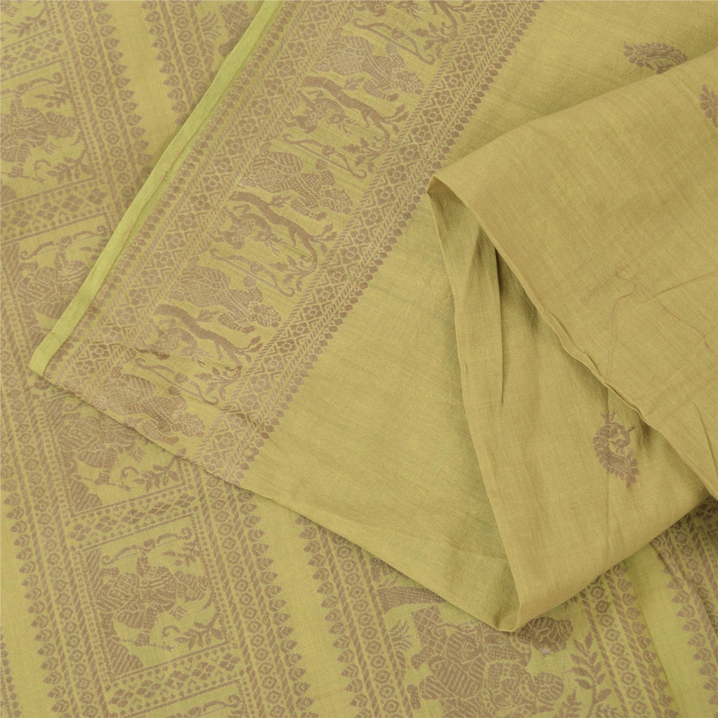 Sanskriti Vintage Sarees Green Baluchari Woven 100%Pure Cotton Sari 5+yd Fabric