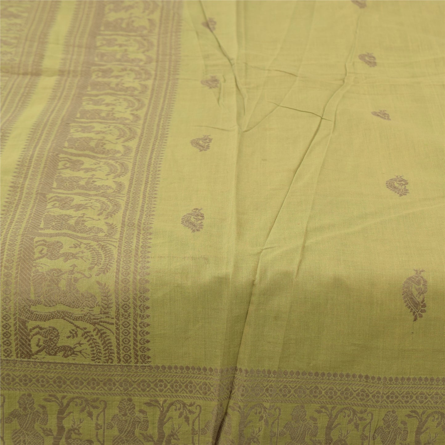 Sanskriti Vintage Sarees Green Baluchari Woven 100%Pure Cotton Sari 5+yd Fabric