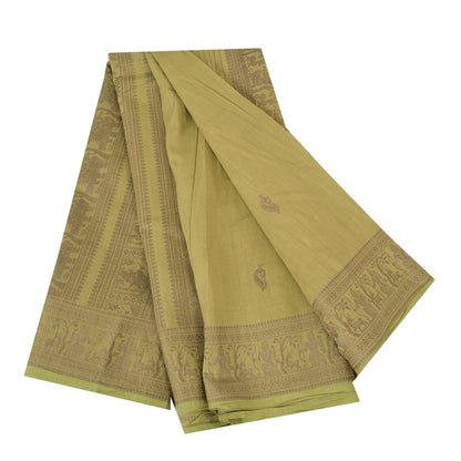 Sanskriti Vintage Sarees Green Baluchari Woven 100%Pure Cotton Sari 5+yd Fabric