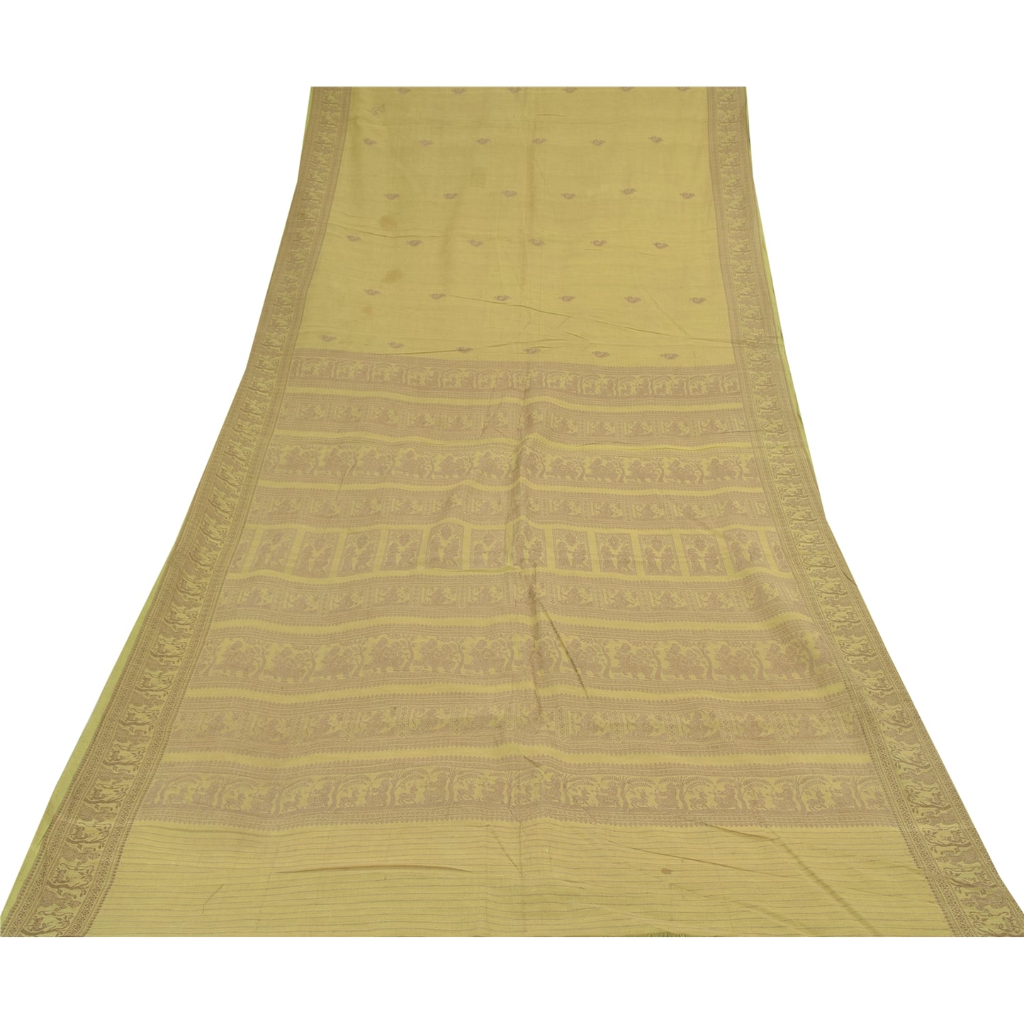 Sanskriti Vintage Sarees Green Baluchari Woven 100%Pure Cotton Sari 5+yd Fabric