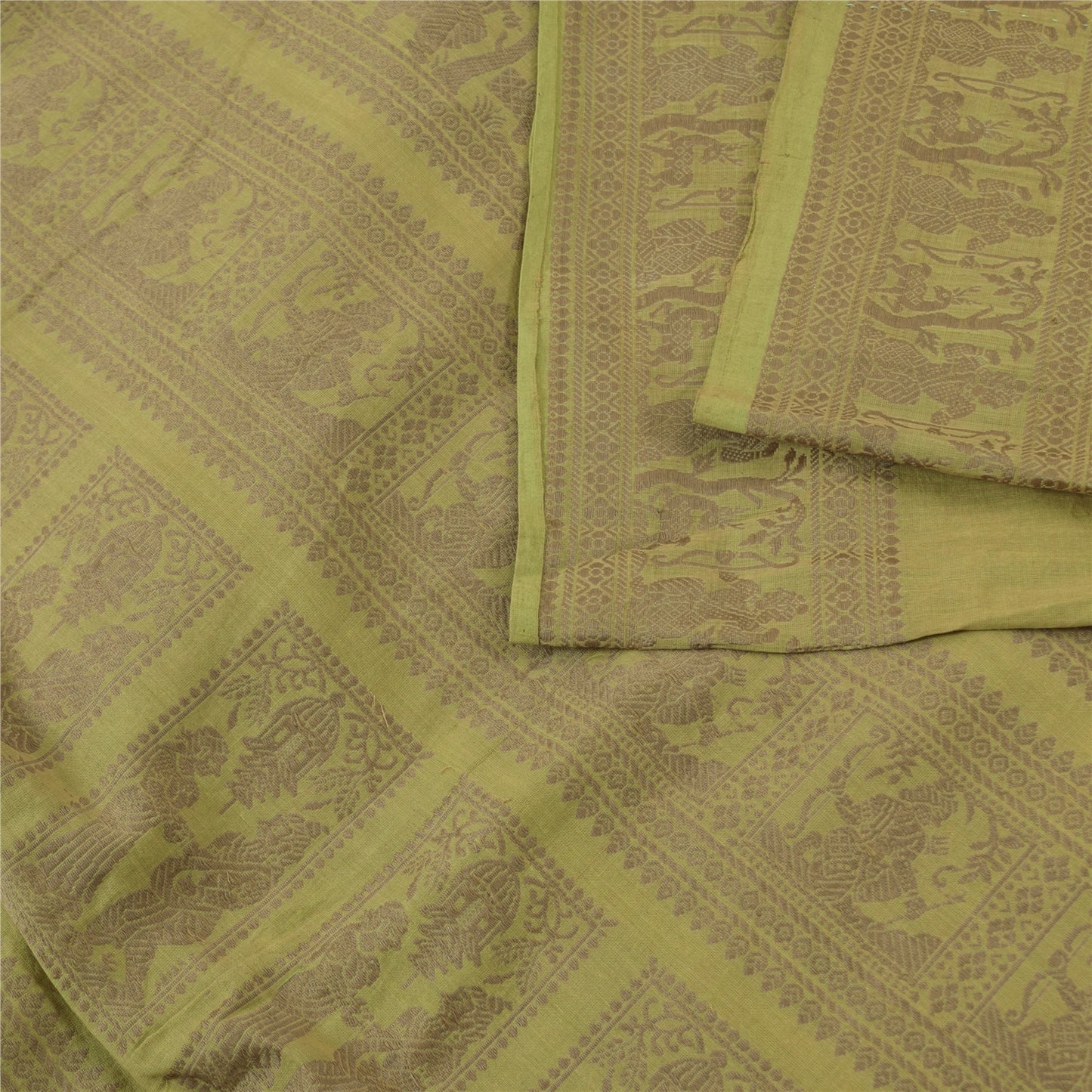 Sanskriti Vintage Sarees Green Baluchari Woven 100%Pure Cotton Sari 5+yd Fabric