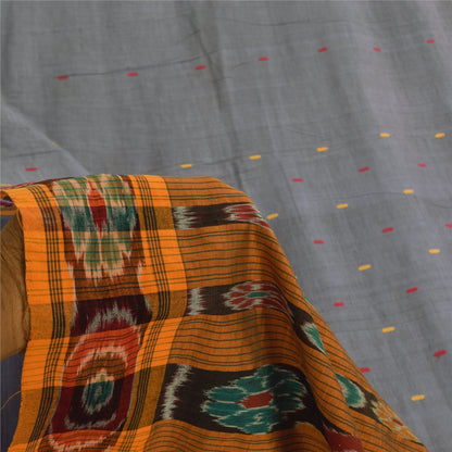 Sanskriti Vintage Sarees Gray Ikat Handwoven Odisha Pure Cotton Sari 5+yd Fabric