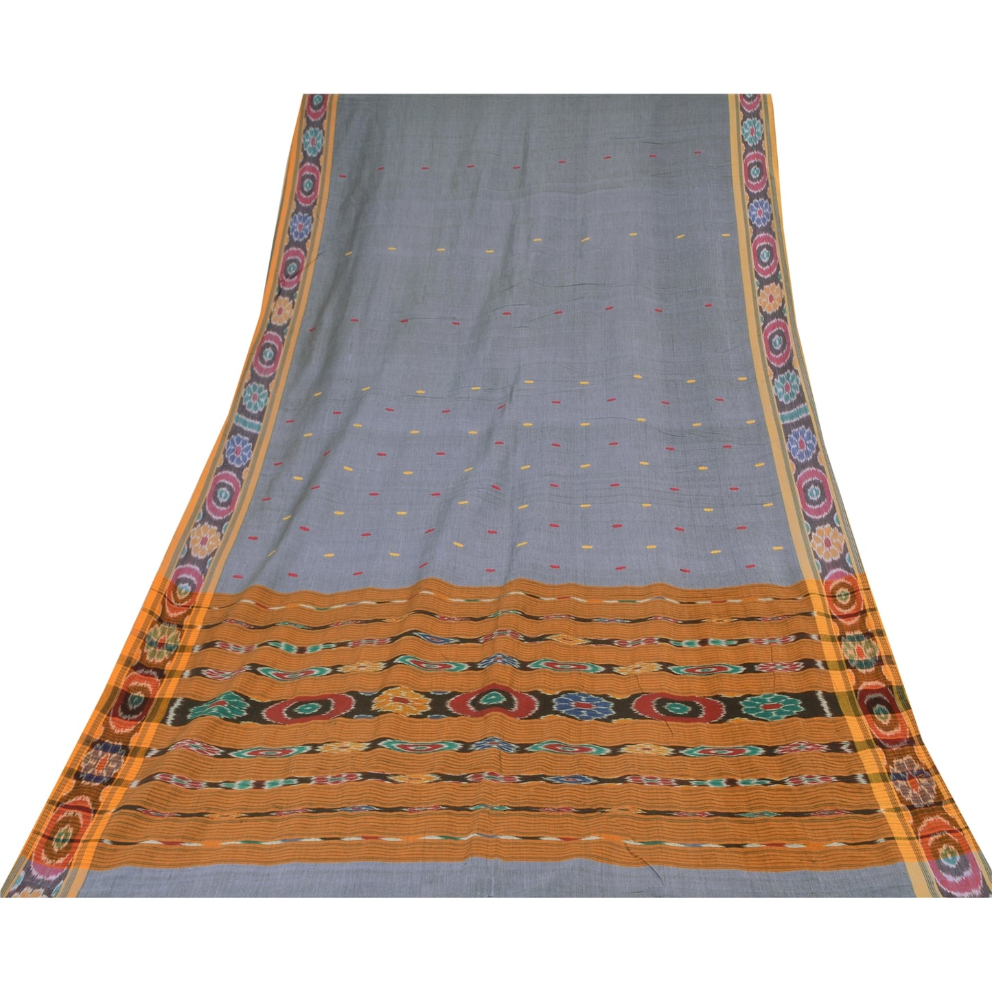 Sanskriti Vintage Sarees Gray Ikat Handwoven Odisha Pure Cotton Sari 5+yd Fabric