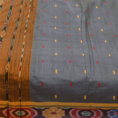 Sanskriti Vintage Sarees Gray Ikat Handwoven Odisha Pure Cotton Sari 5+yd Fabric