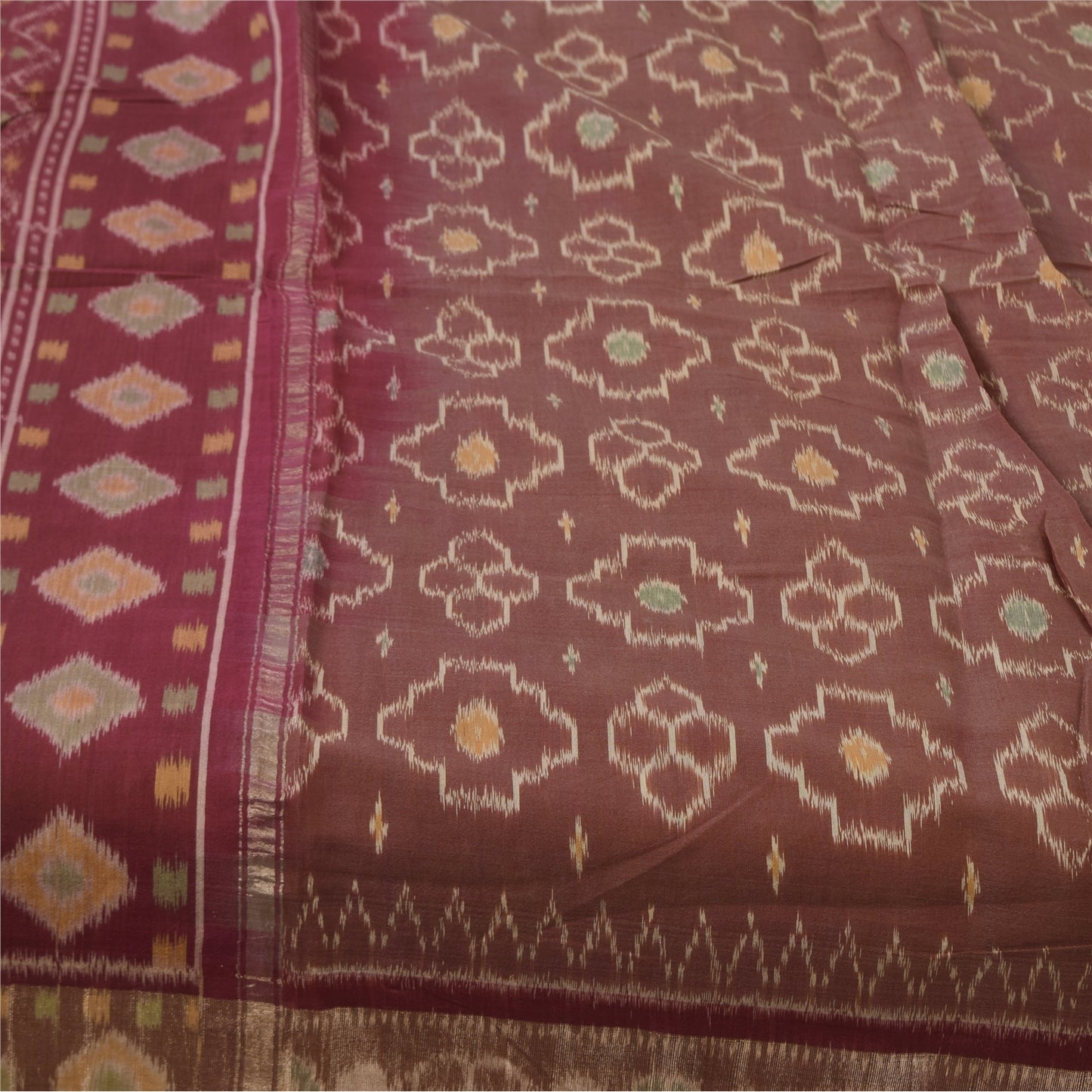 Sanskriti Vintage Sarees Brown Ikat Handwoven 100% Pure Cotton Sari 5+yd Fabric