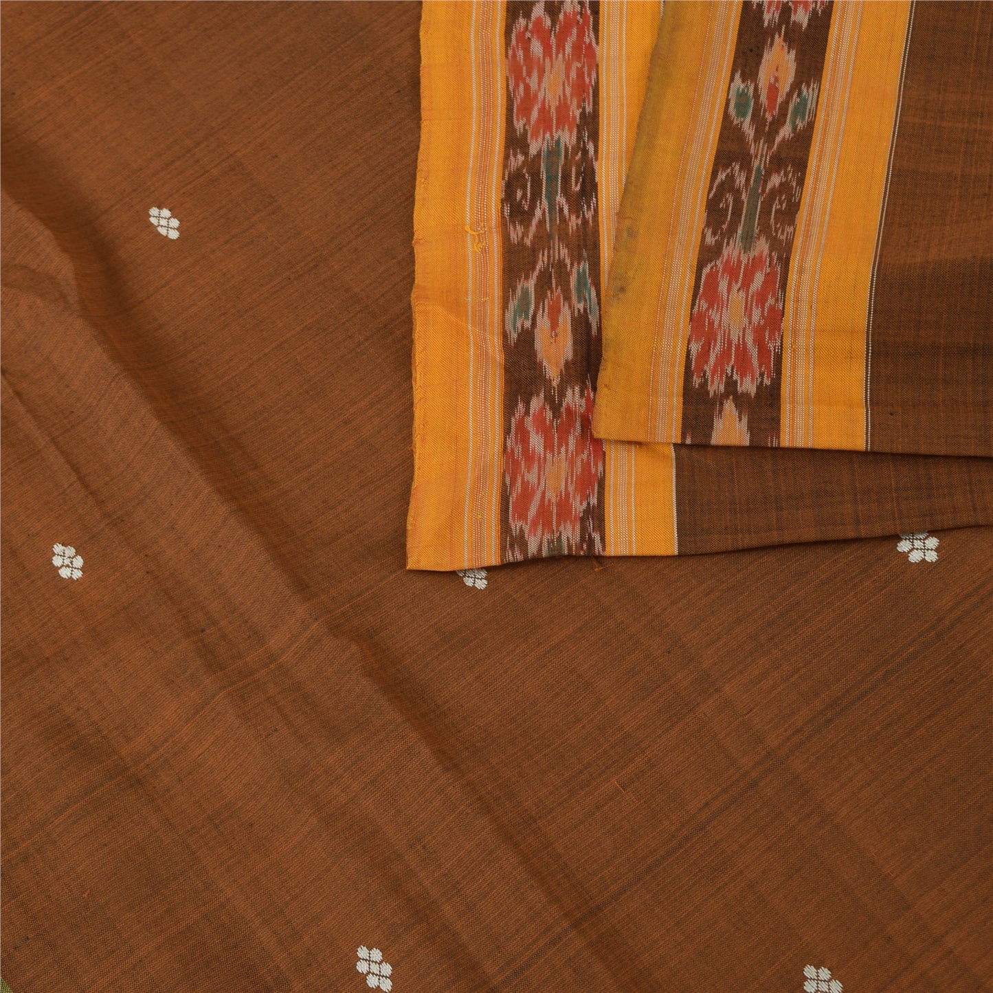 Sanskriti Vintage Sarees BrownIkat Handwoven Odisha Pure Cotton Sari 6+yd Fabric