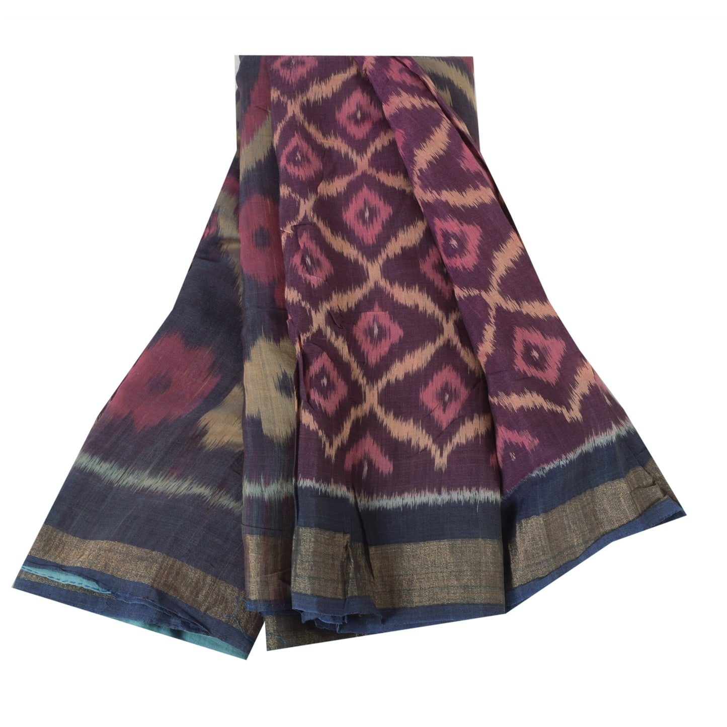 Sanskriti Vintage Sarees Ikat Handwoven Sambhalpuri Pure Cotton Sari 5+yd Fabric