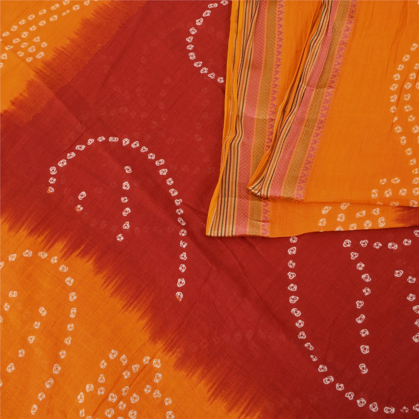 Sanskriti Vintage Sarees Yellow/Red Bandhani Pure Cotton Print Sari 5+yd Fabric