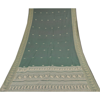 Sanskriti Vintage Sarees Green Baluchari Woven 100%Pure Cotton Sari 5+yd Fabric