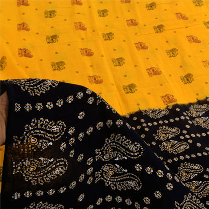 Sanskriti Vintage Sarees Yellow Hand Block Printed Pure Cotton Sari 6+yd Fabric