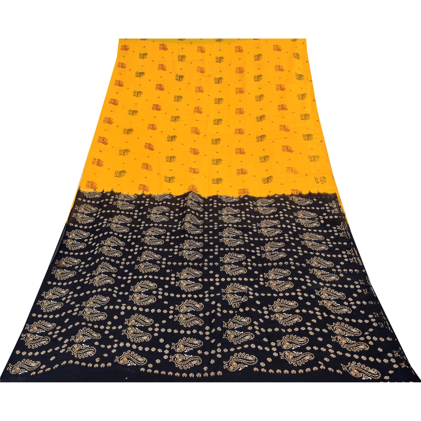 Sanskriti Vintage Sarees Yellow Hand Block Printed Pure Cotton Sari 6+yd Fabric