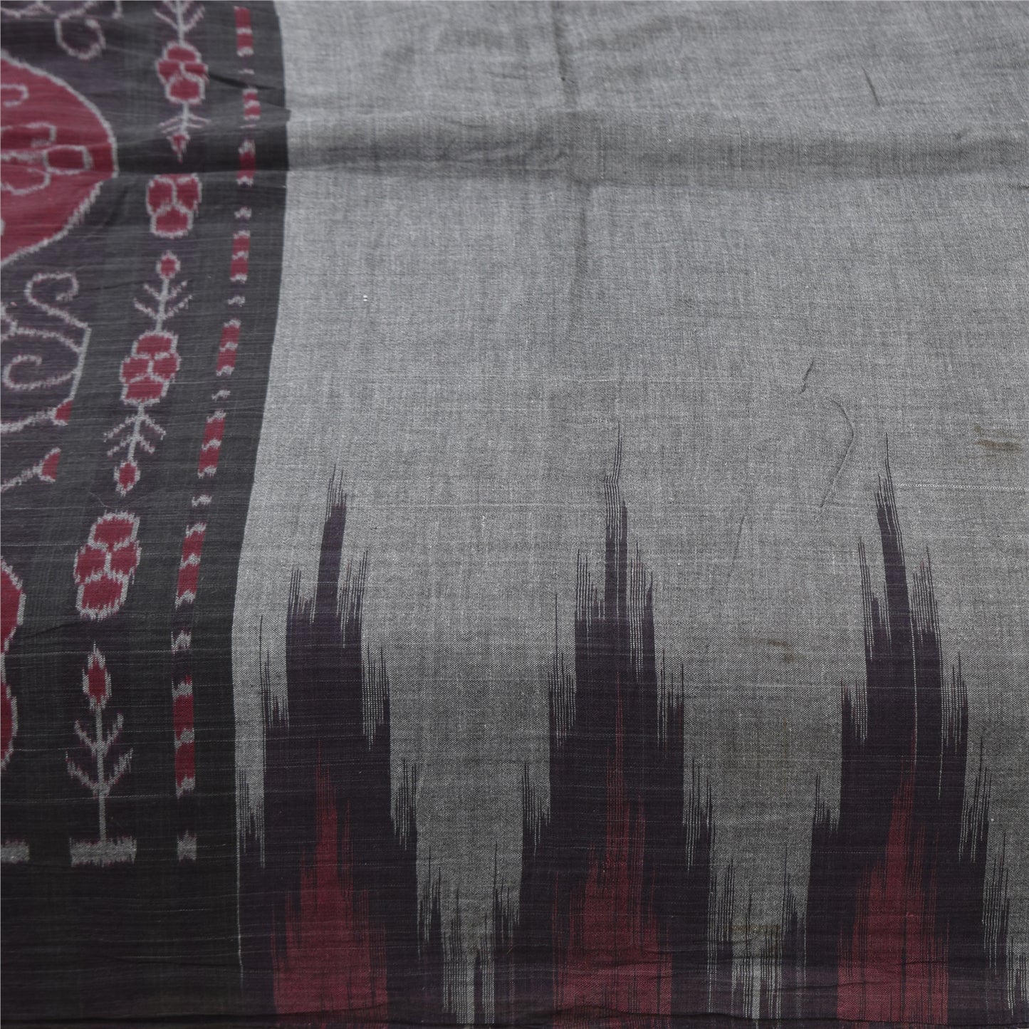 Sanskriti Vintage Sarees Gray Ikat Handwoven Odisha Pure Cotton Sari 5+yd Fabric