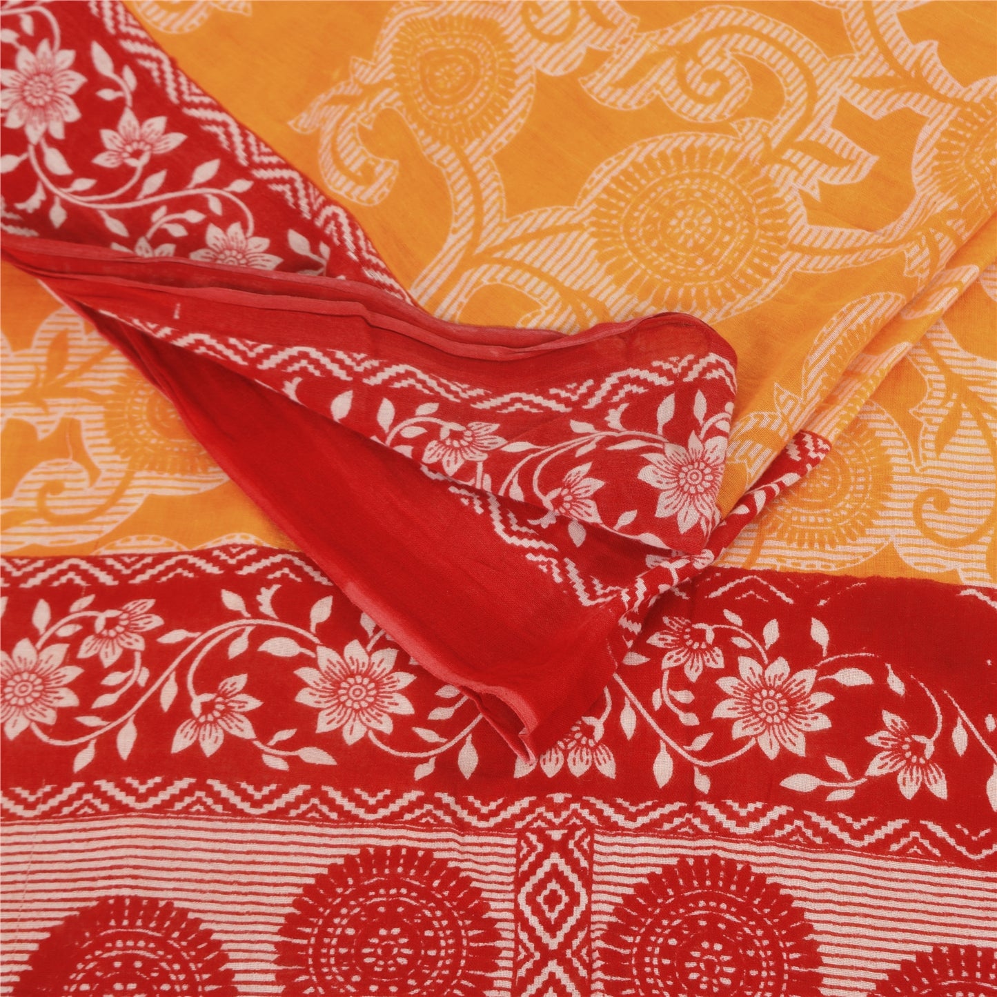 Sanskriti Vintage Sarees Yellow/Red Pure Cotton Printed Sari 5+yd Craft Fabric