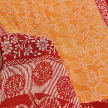 Sanskriti Vintage Sarees Yellow/Red Pure Cotton Printed Sari 5+yd Craft Fabric