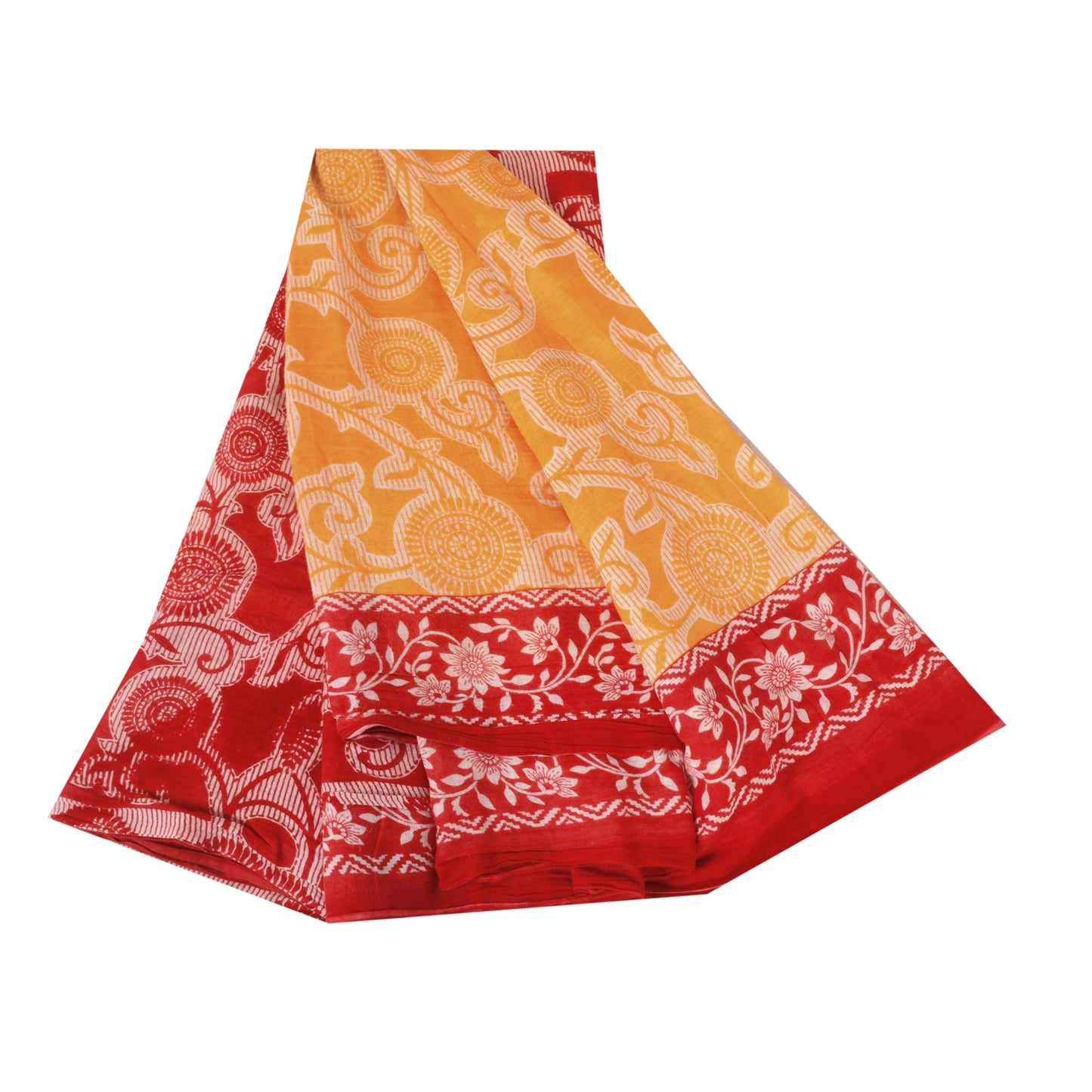 Sanskriti Vintage Sarees Yellow/Red Pure Cotton Printed Sari 5+yd Craft Fabric