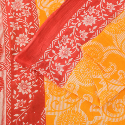 Sanskriti Vintage Sarees Yellow/Red Pure Cotton Printed Sari 5+yd Craft Fabric