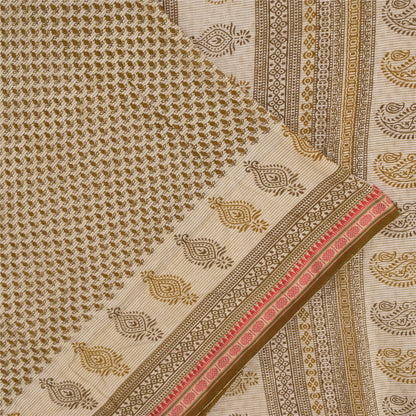 Sanskriti Vintage Sarees Cream Block Printed Pure Cotton Sari 5+yd Craft Fabric