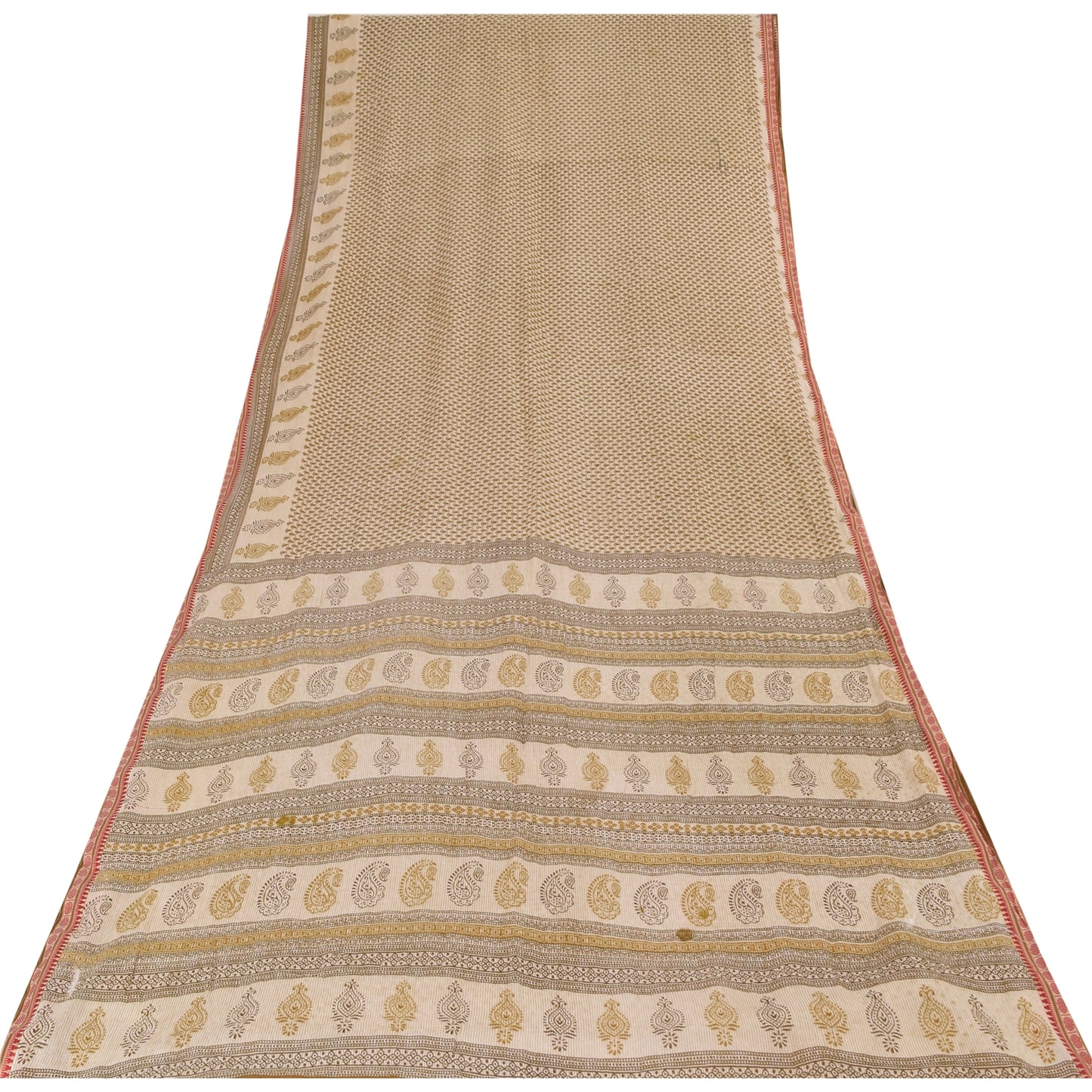 Sanskriti Vintage Sarees Cream Block Printed Pure Cotton Sari 5+yd Craft Fabric