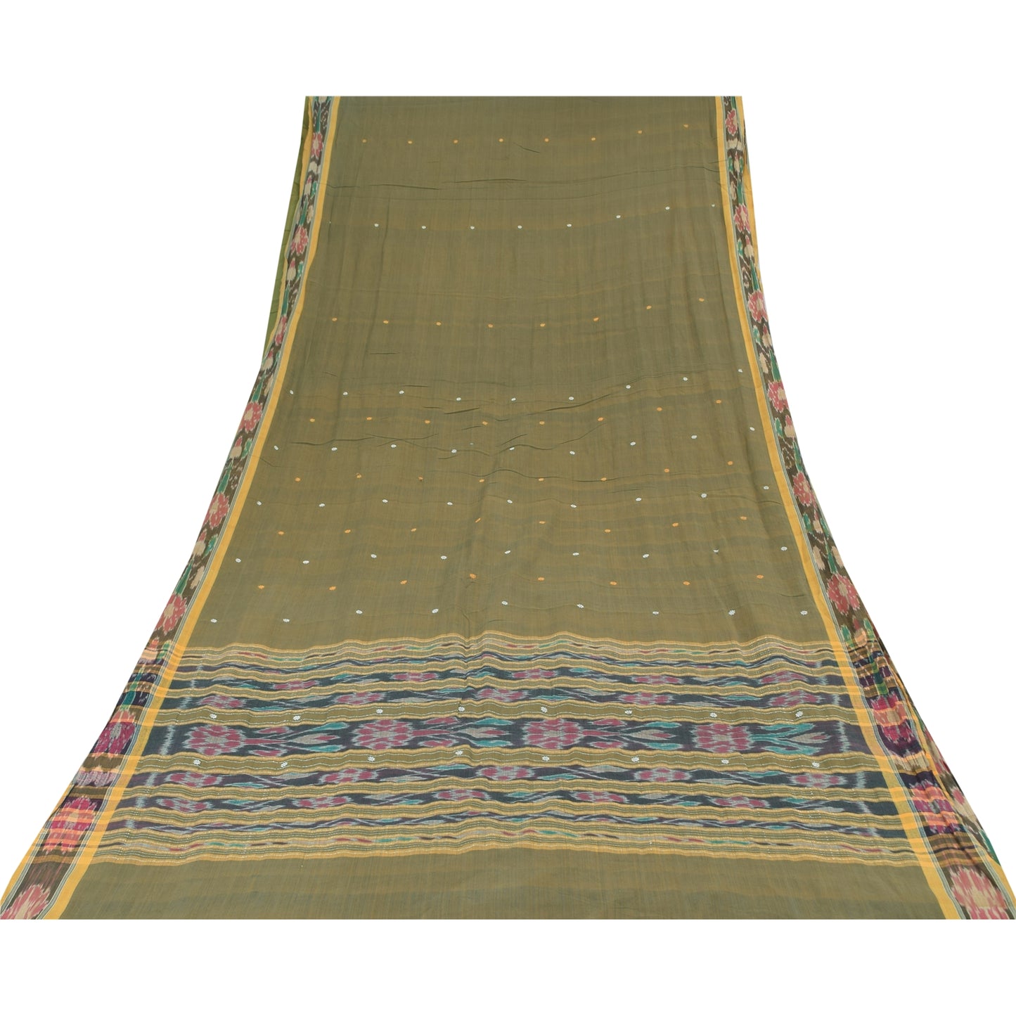 Sanskriti Vintage Sarees GreenIkat Handwoven Odisha Pure Cotton Sari 5+yd Fabric