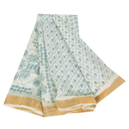 Sanskriti Vintage Sarees White/Blue Indian Cotton Printed Sari 5+yd Craft Fabric