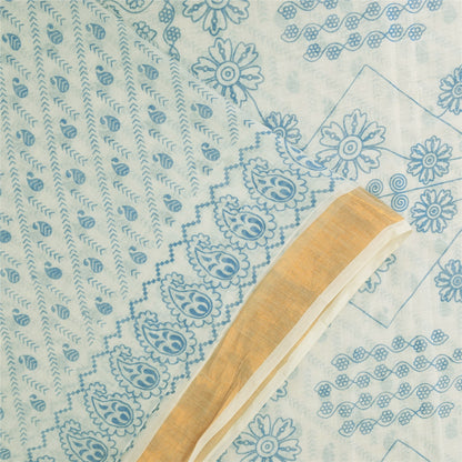 Sanskriti Vintage Sarees White/Blue Indian Cotton Printed Sari 5+yd Craft Fabric