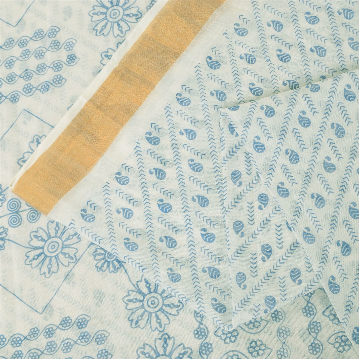 Sanskriti Vintage Sarees White/Blue Indian Cotton Printed Sari 5+yd Craft Fabric