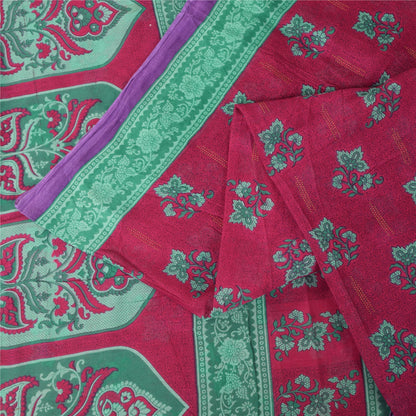 Sanskriti Vintage Sarees Pink/Green Pure Cotton Printed Sari 5+yd Craft Fabric