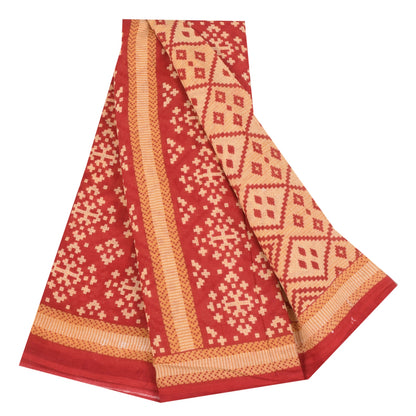 Sanskriti Vintage Sarees Peach/Red Patan Patola Pure Cotton Printed Sari Fabric