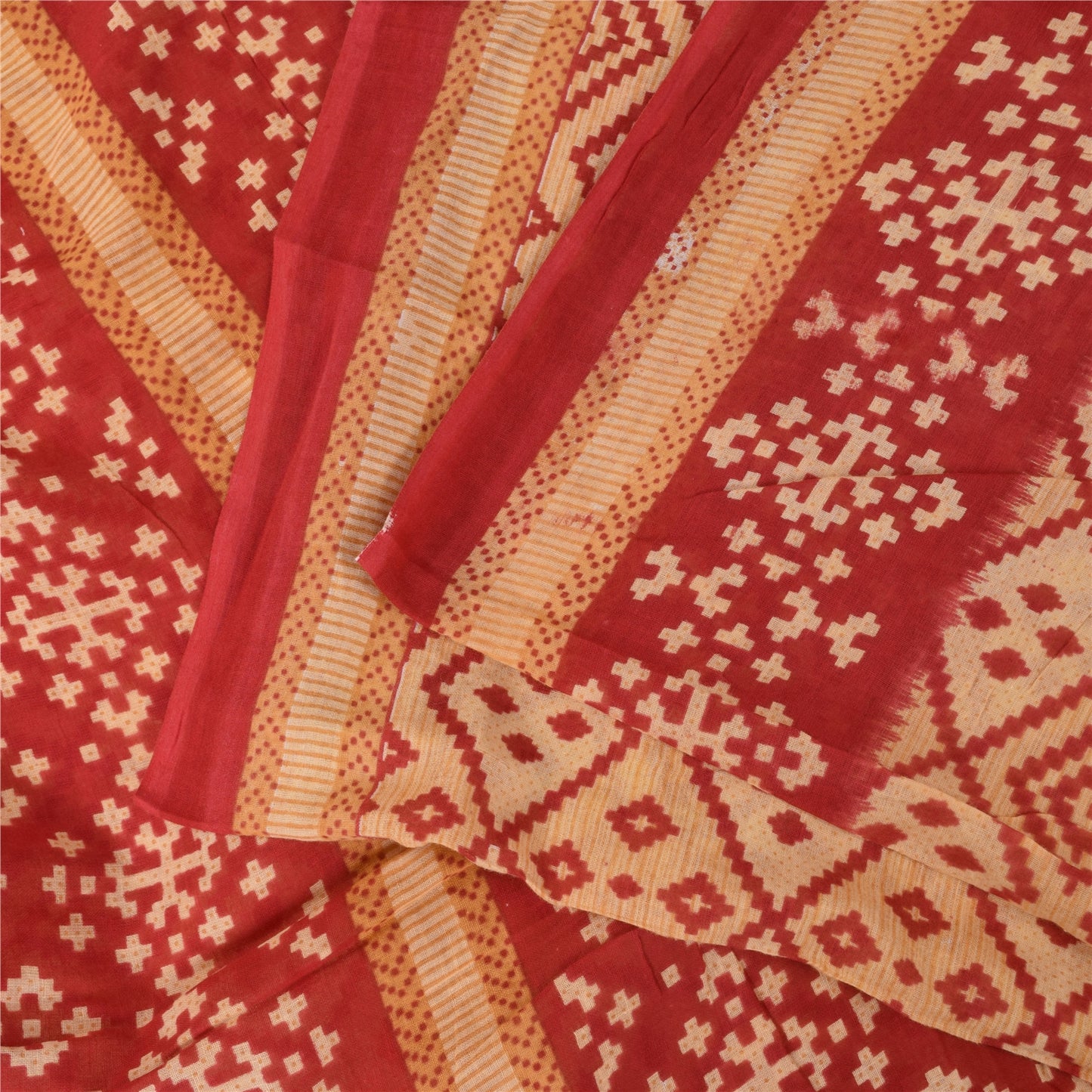 Sanskriti Vintage Sarees Peach/Red Patan Patola Pure Cotton Printed Sari Fabric