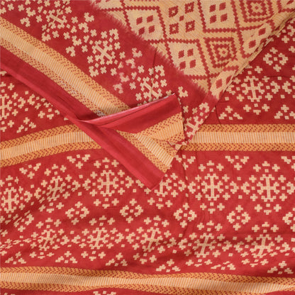 Sanskriti Vintage Sarees Peach/Red Patan Patola Pure Cotton Printed Sari Fabric