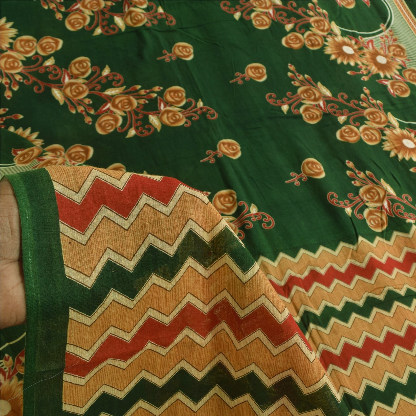 Sanskriti Vintage Sarees Green Indian 100% Pure Cotton Printed Sari 5+yd Fabric