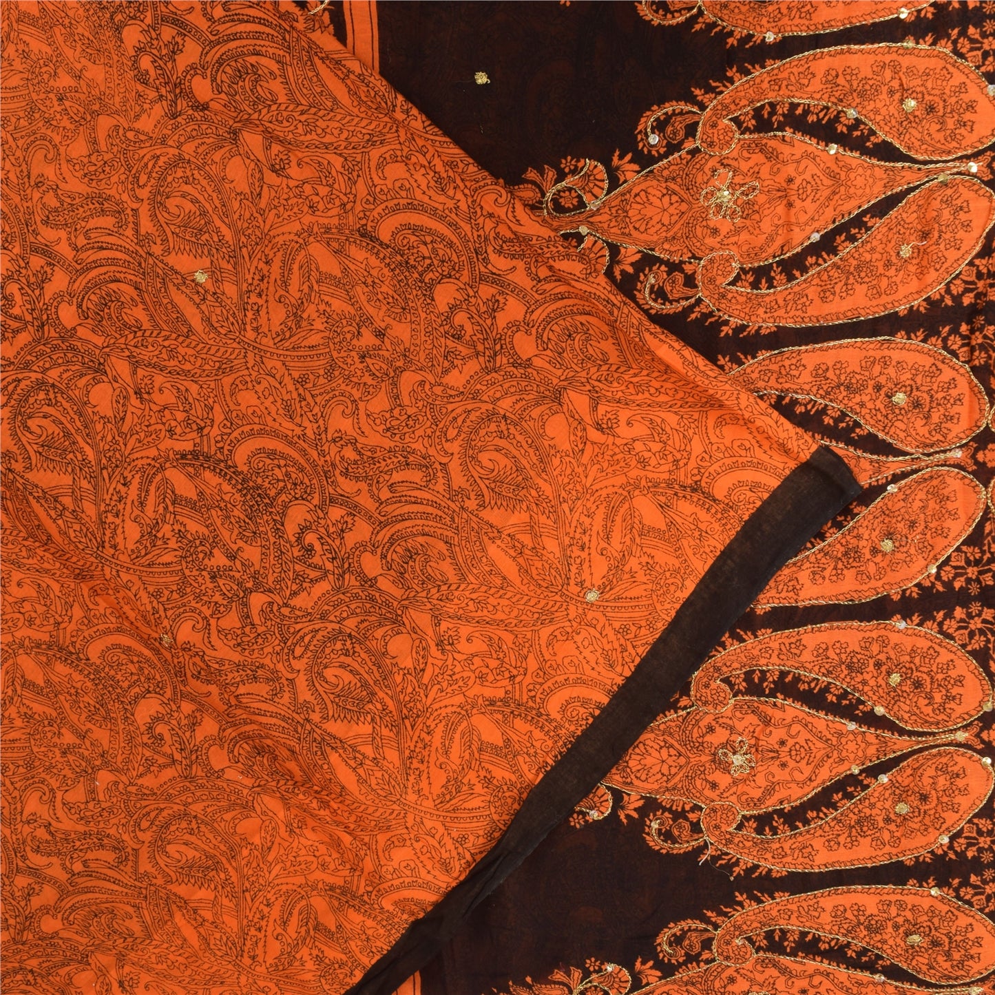 Sanskriti Vintage Sarees Orange Embroidered Printed Pure Cotton Sari 5+yd Fabric