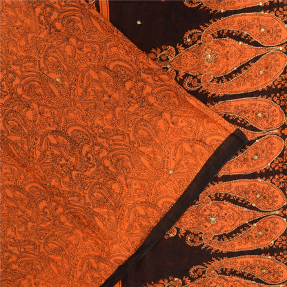 Sanskriti Vintage Sarees Orange Embroidered Printed Pure Cotton Sari 5+yd Fabric