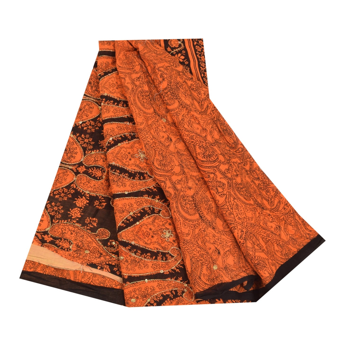 Sanskriti Vintage Sarees Orange Embroidered Printed Pure Cotton Sari 5+yd Fabric