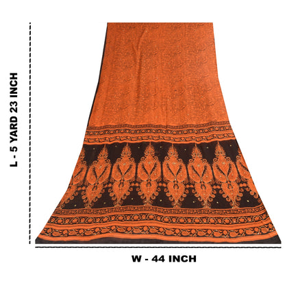 Sanskriti Vintage Sarees Orange Embroidered Printed Pure Cotton Sari 5+yd Fabric