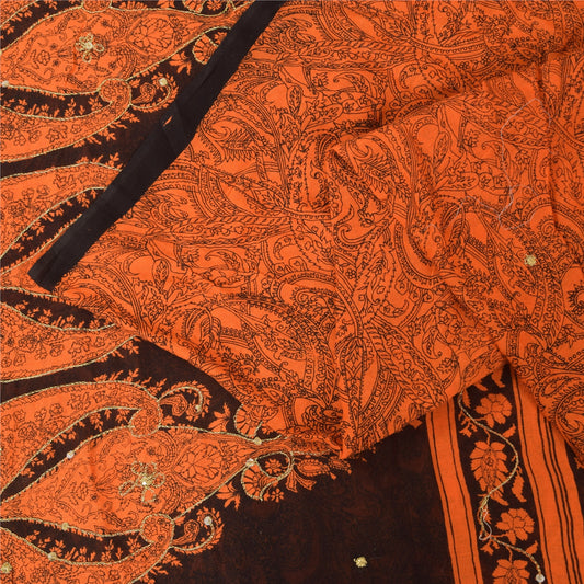 Sanskriti Vintage Sarees Orange Embroidered Printed Pure Cotton Sari 5+yd Fabric