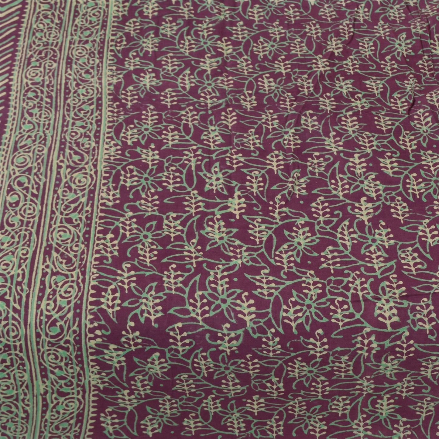 Sanskriti Vintage Sarees Purple Hand Block Printed Pure Cotton Sari 5+yd Fabric