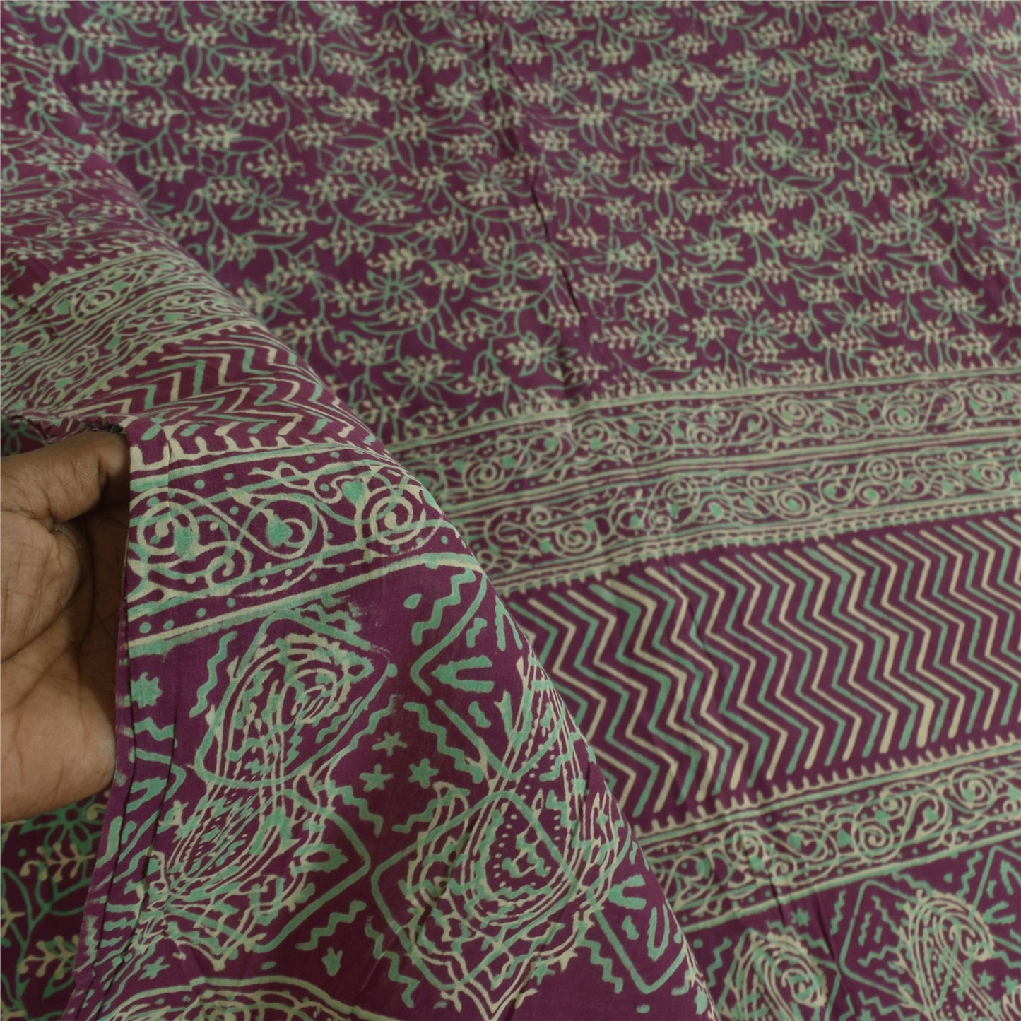 Sanskriti Vintage Sarees Purple Hand Block Printed Pure Cotton Sari 5+yd Fabric