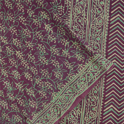 Sanskriti Vintage Sarees Purple Hand Block Printed Pure Cotton Sari 5+yd Fabric