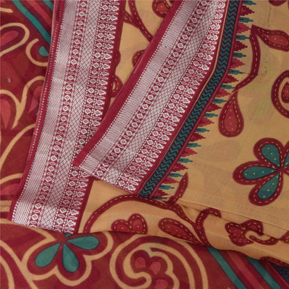 Sanskriti Vintage Sarees Peach/Red Pure Cotton Printed Sari 5+yd Craft Fabric