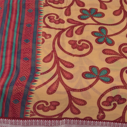 Sanskriti Vintage Sarees Peach/Red Pure Cotton Printed Sari 5+yd Craft Fabric