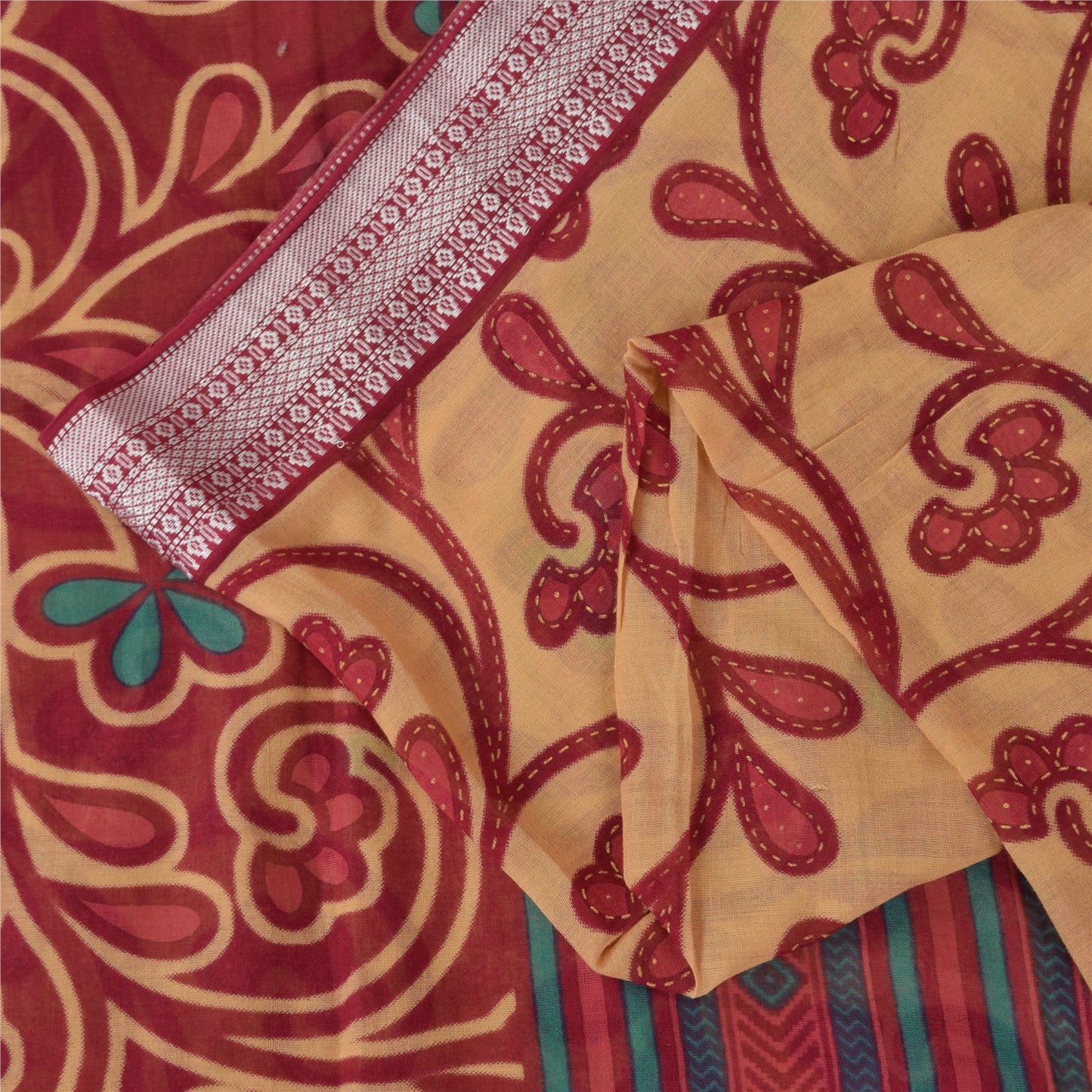 Sanskriti Vintage Sarees Peach/Red Pure Cotton Printed Sari 5+yd Craft Fabric