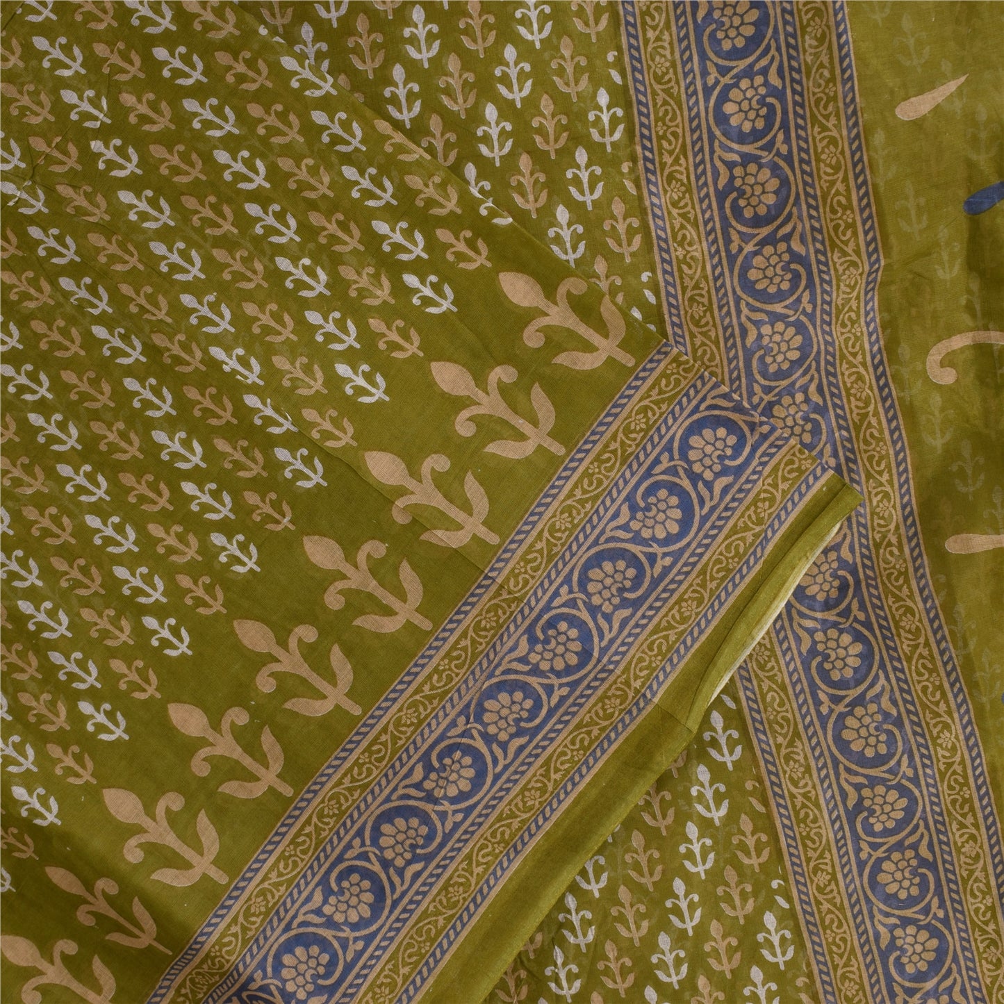 Sanskriti Vintage Sarees Green Pure Cotton Block Printed Sari 5+yd Craft Fabric