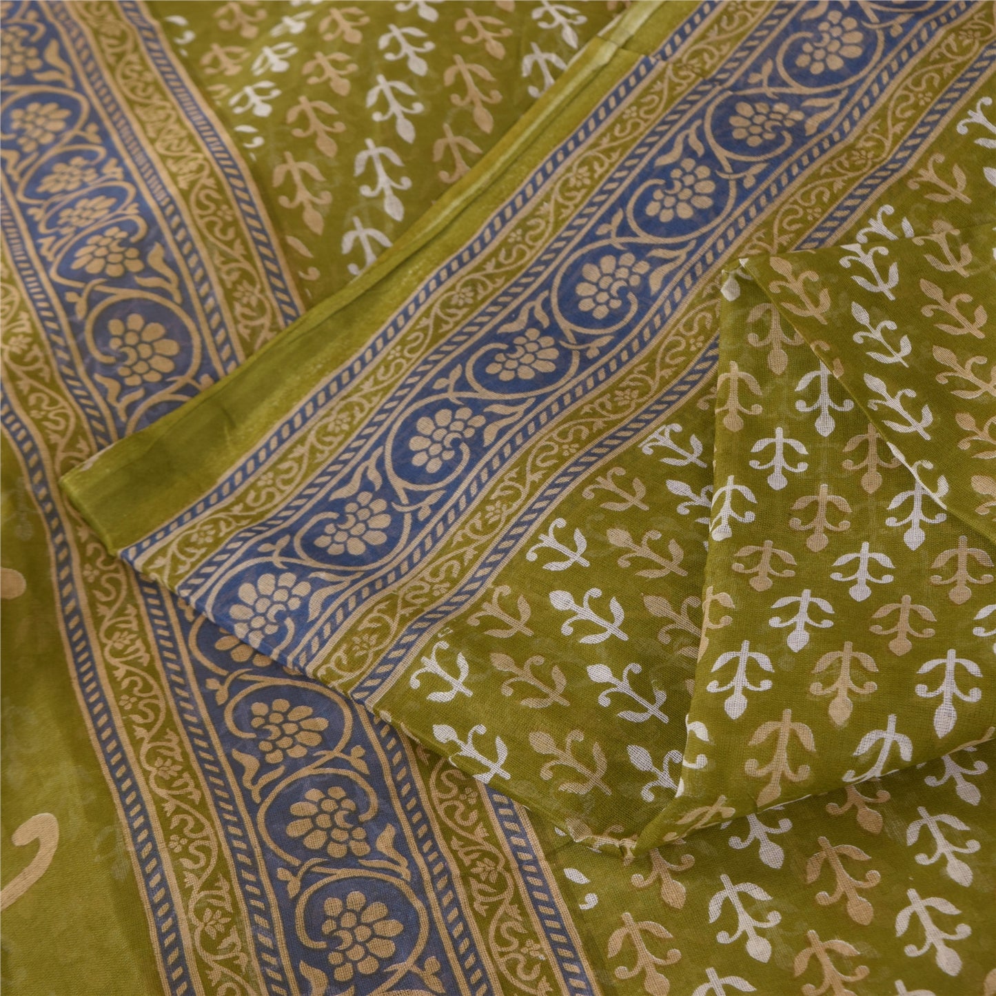 Sanskriti Vintage Sarees Green Pure Cotton Block Printed Sari 5+yd Craft Fabric