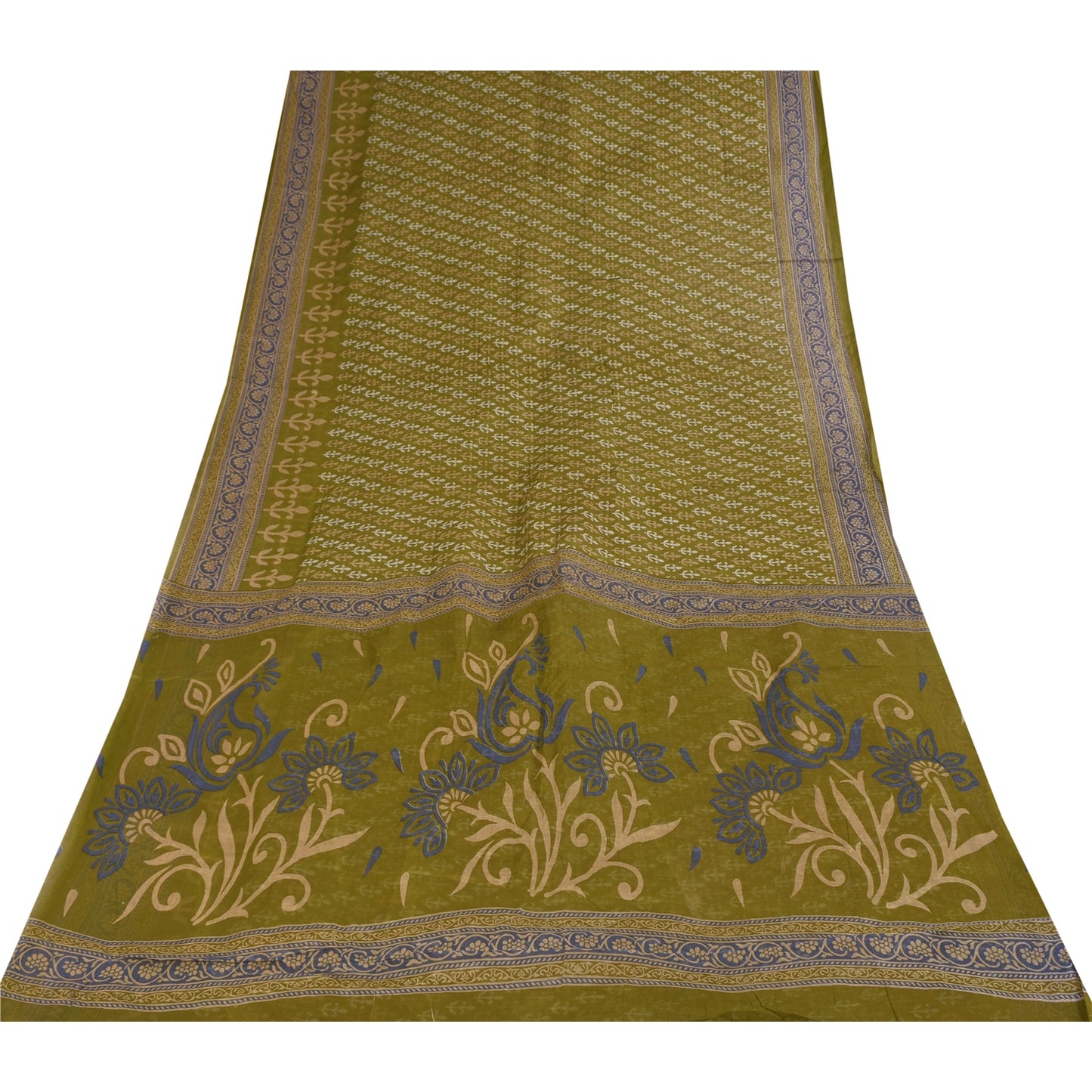 Sanskriti Vintage Sarees Green Pure Cotton Block Printed Sari 5+yd Craft Fabric