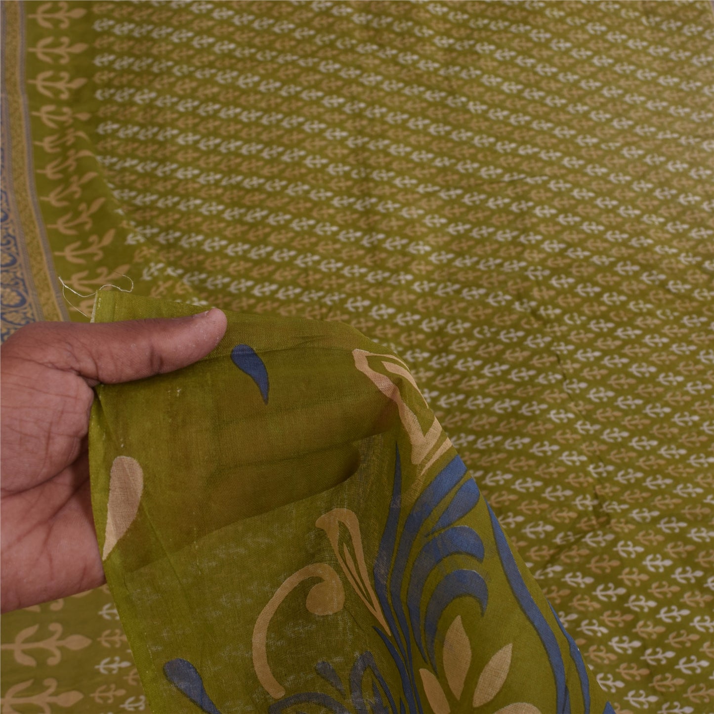 Sanskriti Vintage Sarees Green Pure Cotton Block Printed Sari 5+yd Craft Fabric