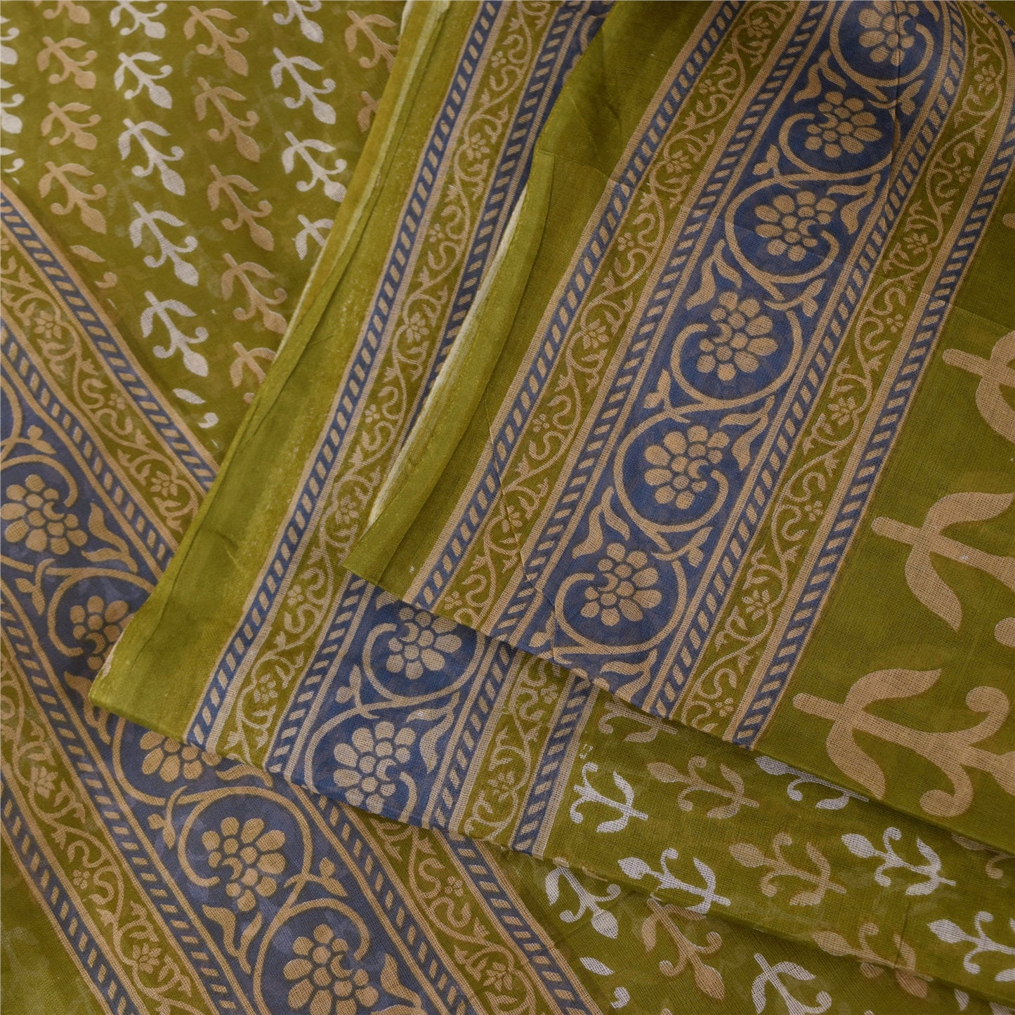 Sanskriti Vintage Sarees Green Pure Cotton Block Printed Sari 5+yd Craft Fabric