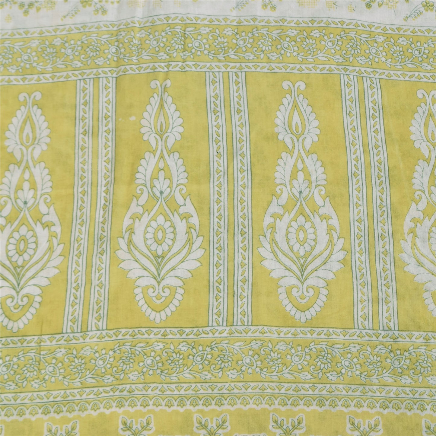 Sanskriti Vintage Sarees Ivory/Green Pure Cotton Printed Sari 5+yd Craft Fabric