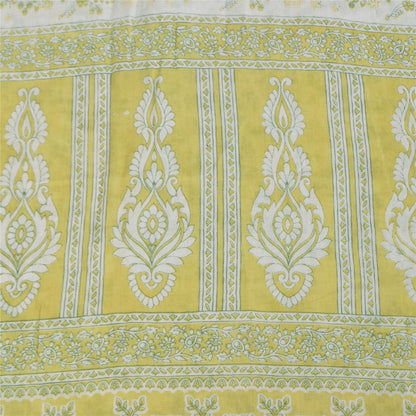 Sanskriti Vintage Sarees Ivory/Green Pure Cotton Printed Sari 5+yd Craft Fabric